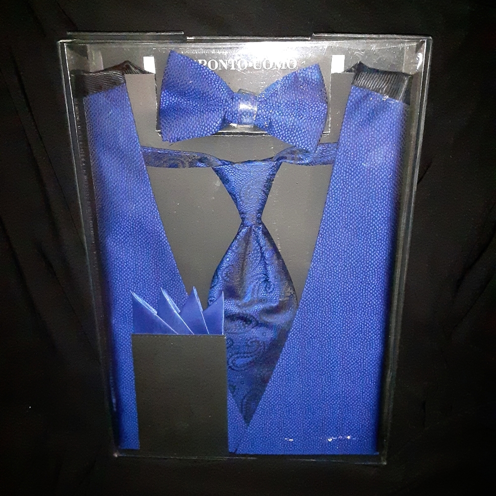 Boxed Gift set Pronto Uomo Vest, Tie, Bowtie, Faux Pocket Hankie Set